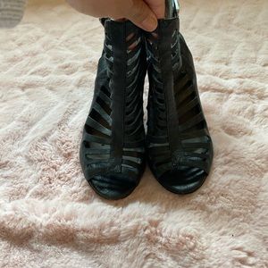 Black leather open toe heels